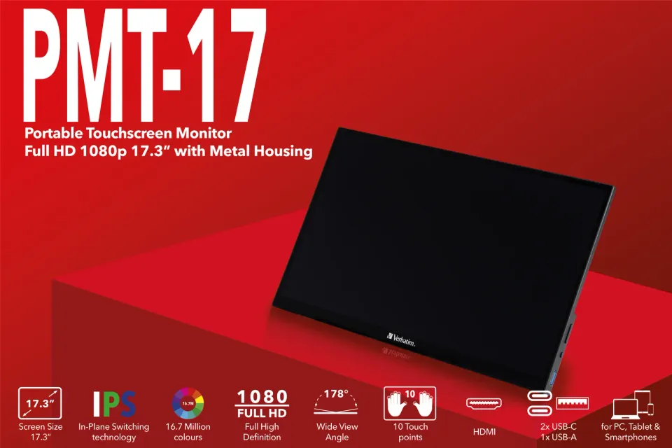 Verbatim PMT-17 Portable Touchscreen Monitor 17.3" Full HD 1080p Metal Housing Přenosný dotykový monitor
