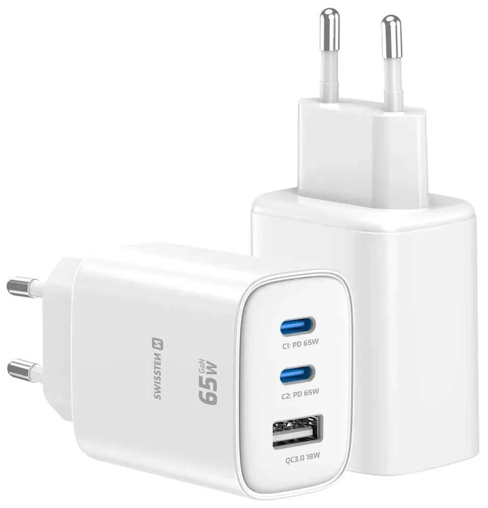 Swissten Síťový Adaptér Edge GaN 2x USB-C PD 65W + 1x USB-A 18W QC Bílý