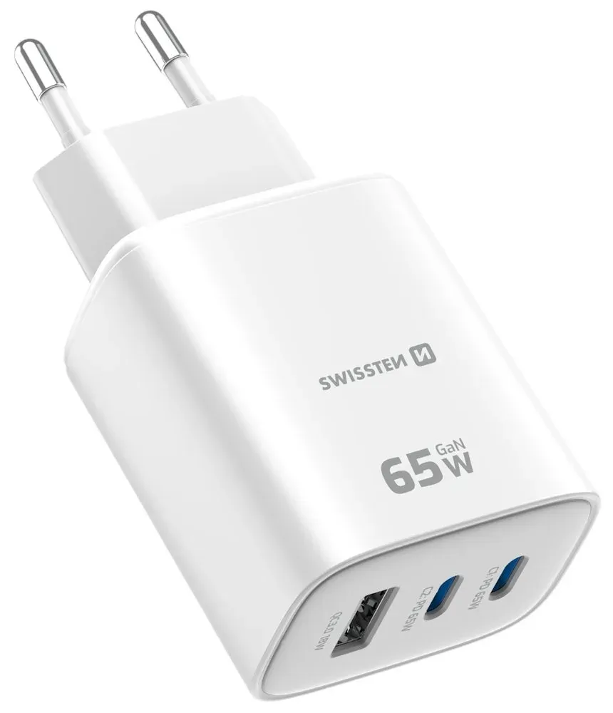 Swissten Síťový Adaptér Edge GaN 2x USB-C PD 65W + 1x USB-A 18W QC Bílý