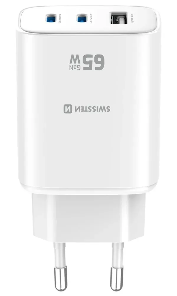 Swissten Síťový Adaptér Edge GaN 2x USB-C PD 65W + 1x USB-A 18W QC Bílý