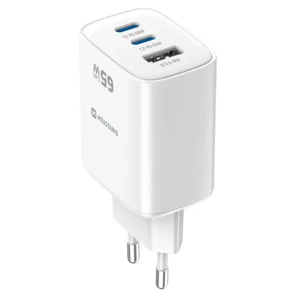 Swissten Síťový Adaptér Edge GaN 2x USB-C PD 65W + 1x USB-A 18W QC Bílý