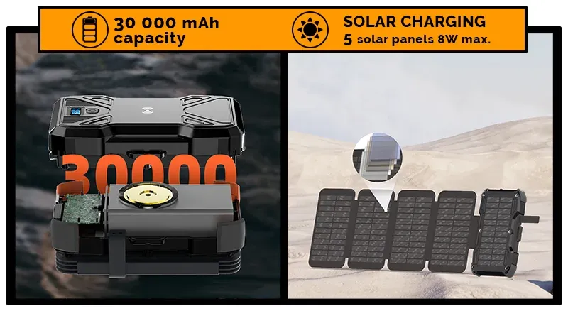 Viking solární outdoorová powerbanka TYR III 30000 mAh, bezdrátové nabíjení
