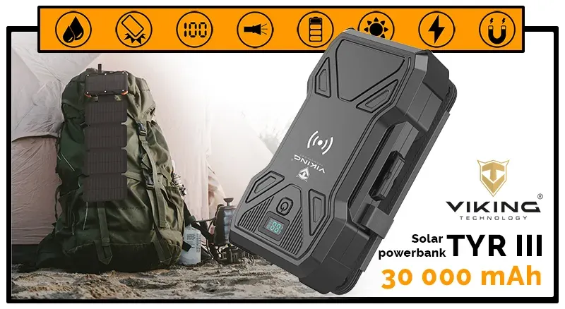 Viking solární outdoorová powerbanka TYR III 30000 mAh, bezdrátové nabíjení