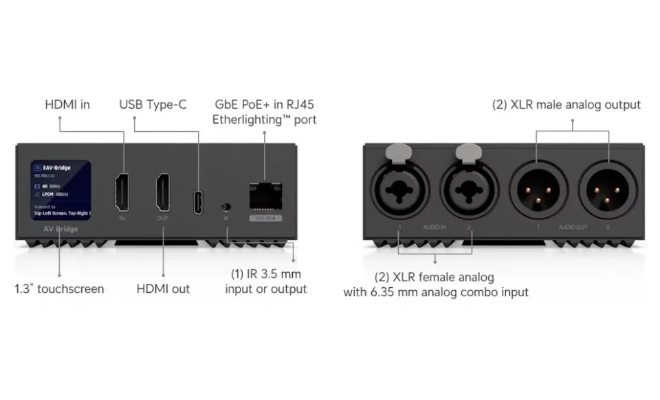 Ubiquiti Enterprise Audio/Video Bridge - Bridge pro přenos audio/video, 4K video, HDMI IN/OUT, 2x XLR Male/Female, PoE+