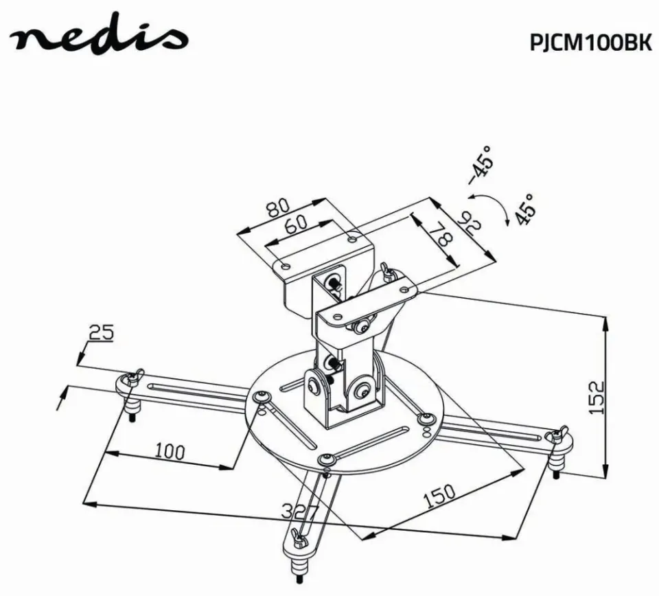 Nedis PJCM100BK - Stropní držák projektoru| | 360° | Max. 10 kg | 130 mm | černý