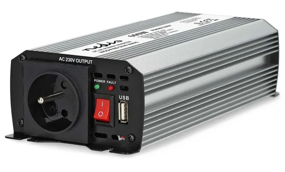 NEDIS měnič napětí/ modifikovaná sinusoida/ 12 V DC/230 V AC 50 Hz/ 600 W (1200 W špička)/ USB-A/ 1x zásuvka type E
