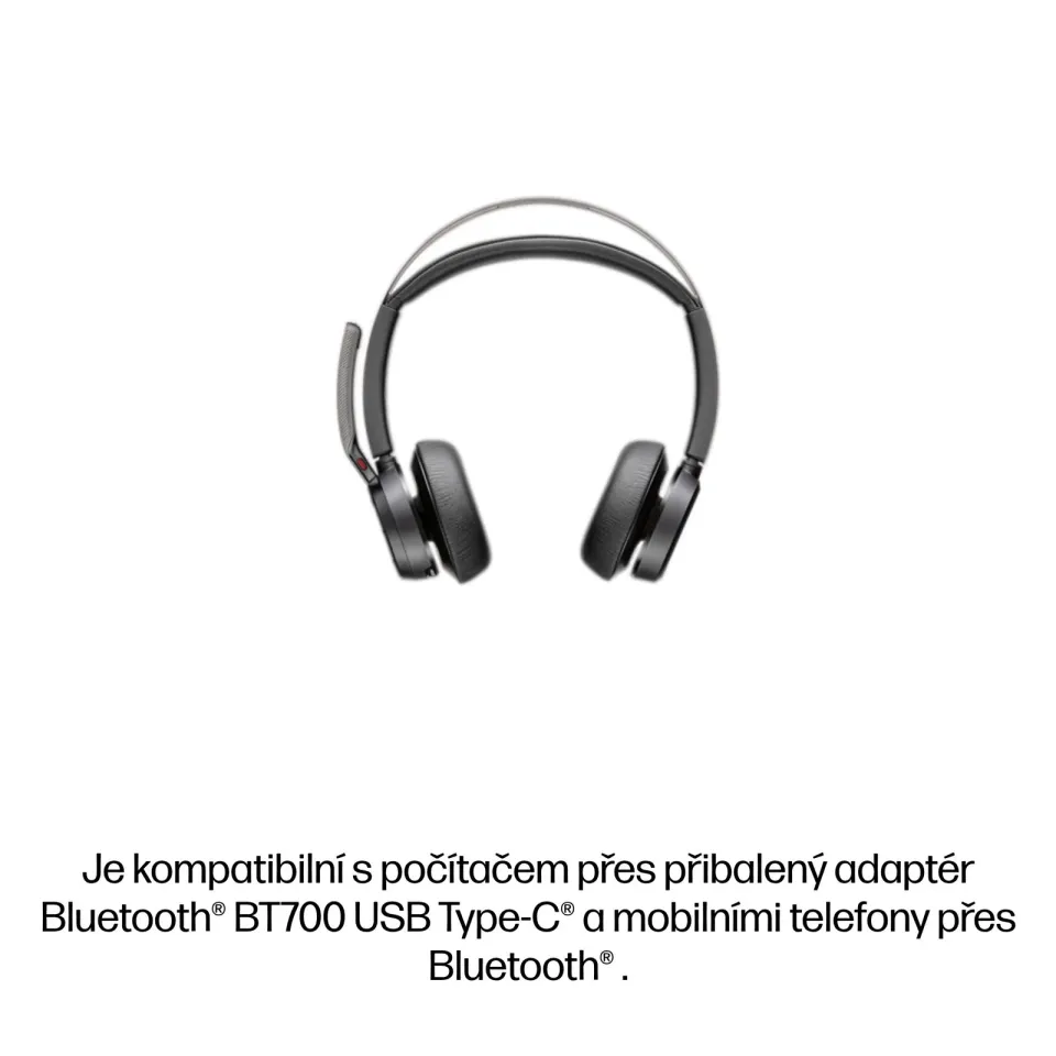 HP Poly Voyager Focus 2 MS Teams Certified s nabíjecím stojánkem, USB-A/C adaptér, stereo bluetooth Headset