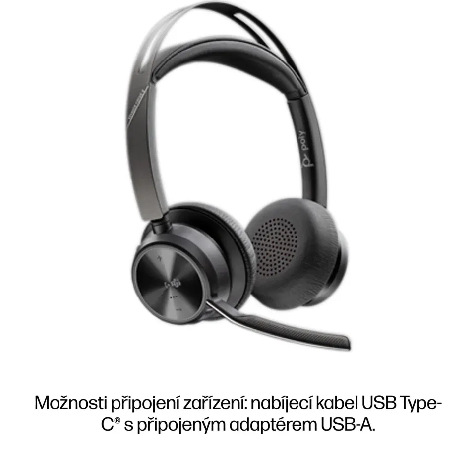 HP Poly Voyager Focus 2 MS Teams Certified s nabíjecím stojánkem, USB-A/C adaptér, stereo bluetooth Headset