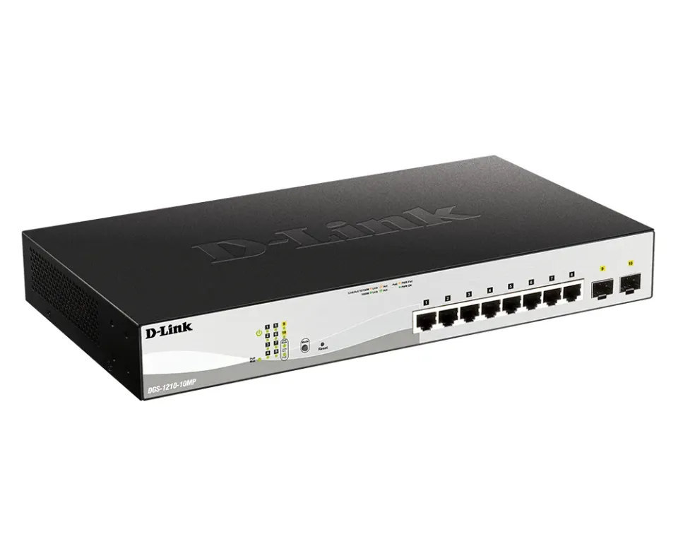 D-Link DGS-1210-10MP 10-port Gigabit Smart+ PoE Switch, 8x GbE PoE+, 2x SFP, PoE 130W, fanless