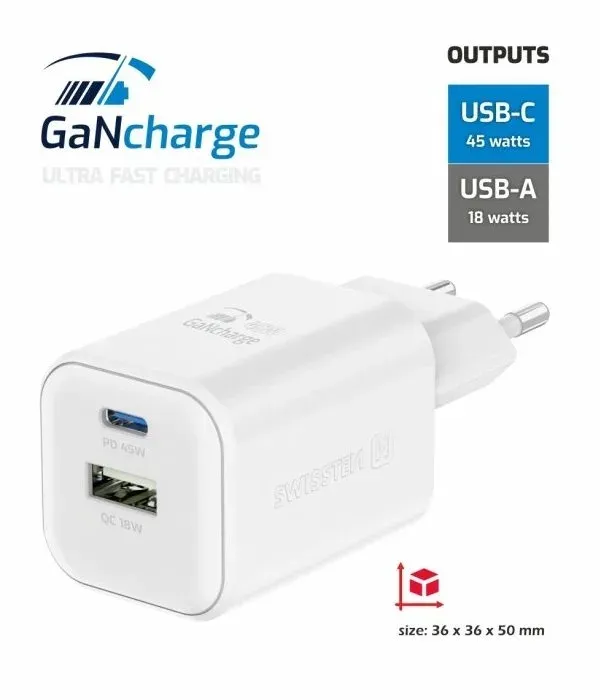 Swissten síťový adaptér gan 1x usb-c 45w pd + 1x usb-a 18w qc bílý