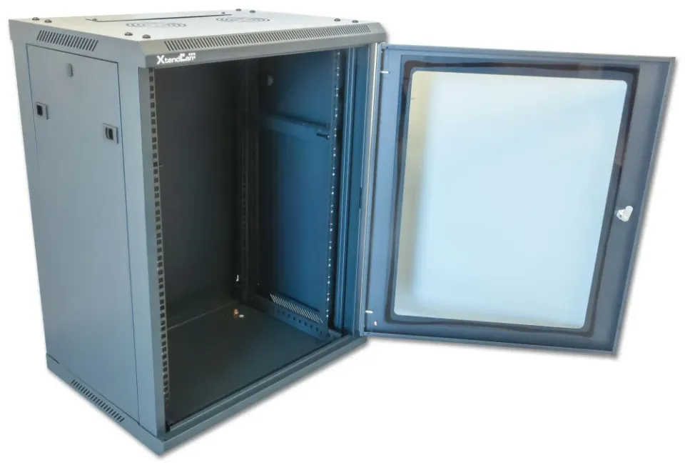 XtendLan 19" nástěnný rozvaděč 15U 600x600, nosnost 60 kg, skleněné kouřové dveře, svařovaný, černý
