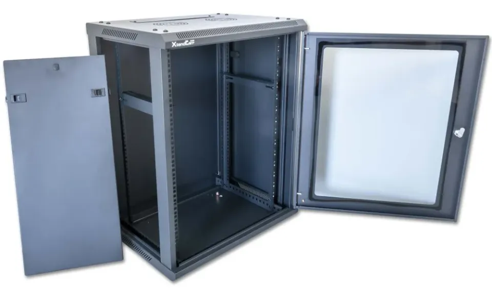 XtendLan 19" nástěnný rozvaděč 15U 600x600, nosnost 60 kg, skleněné kouřové dveře, svařovaný, černý