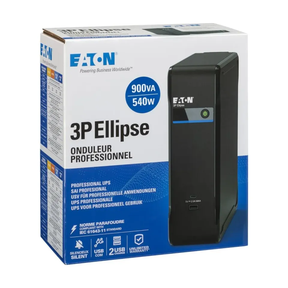 Eaton 3P Ellipse UPS USB IEC, 900VA, 540W, Vstup: C14, Výstupy: (3) C13, (1) Pouze přepěťová ochrana C13, USB nabíjení