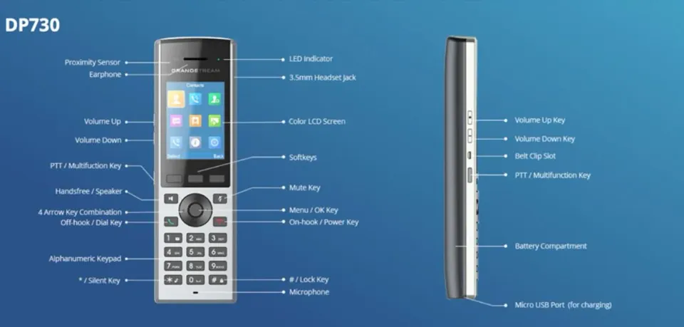 Grandstream DP730 IP tel., 2,4" bar. displ., 2SIP úč., video, BT, Micro USB, HAC, Push-to-talk