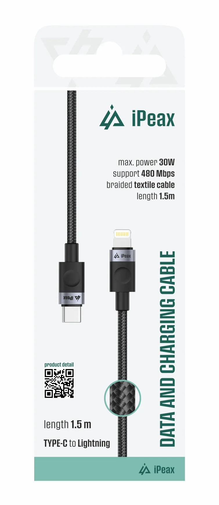 TEXTILNÍ KABEL USB-C/LIGHTNING 1,5M, USB 2.0 ČERNÝ