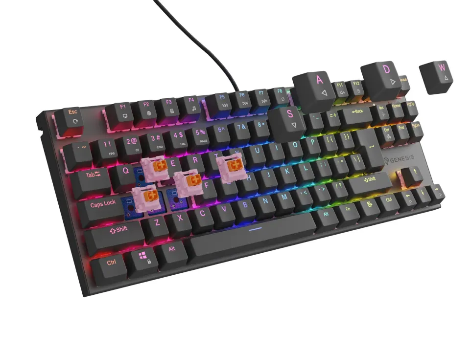 Genesis herní mechanická klávesnice THOR 303/TKL/RGB/Outemu Peach Silent/Drátová USB/US layout/Černá