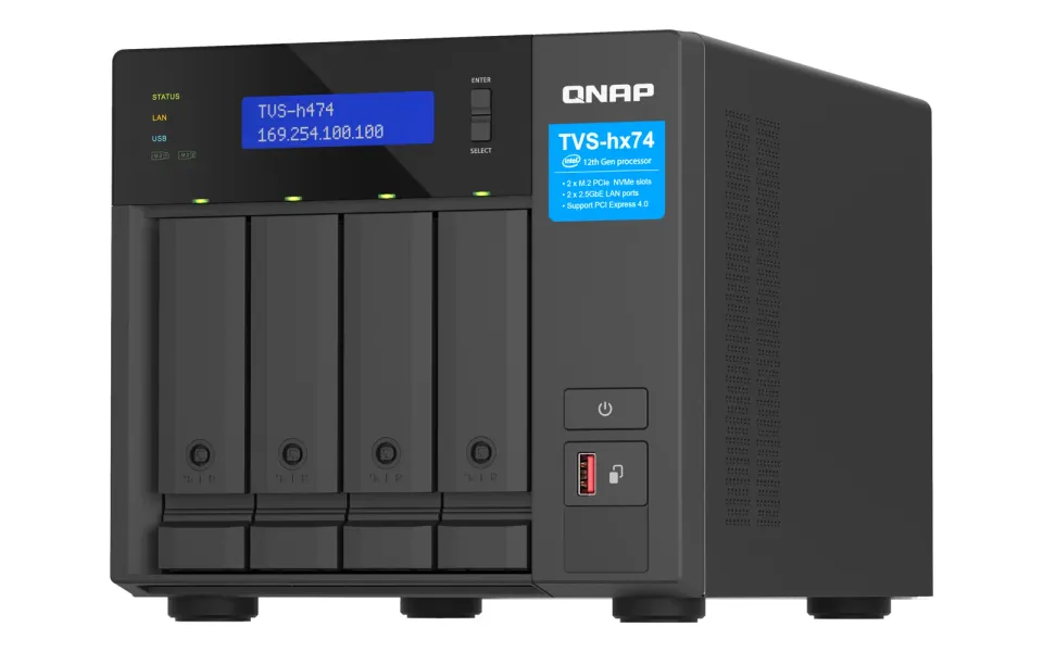 QNAP TVS-h474-PT-8G (2core 3,7GHz, ZFS, 8GB RAM, 4x SATA, 2x M.2 NVMe, 2x PCIe, 2x 2,5GbE, 1x HDMI)
