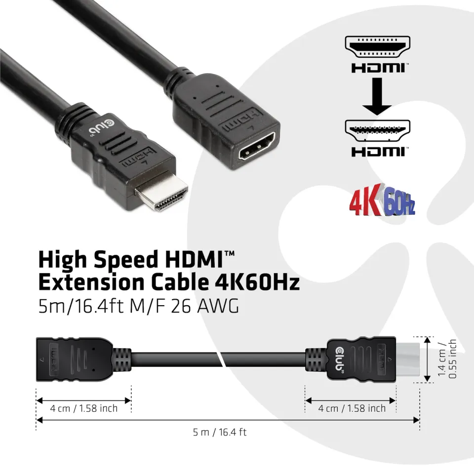 Club3D Kabel prodlužovací Rychlý HDMI 4K60HZ (M/F), 5m, černá, 26 AWG