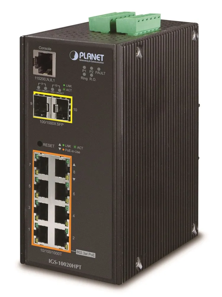 Planet IGS-10020HPT průmyslový L2 switch, 8x1Gb, 2x2.5Gb SFP, PoE 802.3at 240W, 12-48VDC, -40~75°C, 1xRJ45-to-RS232,IP30