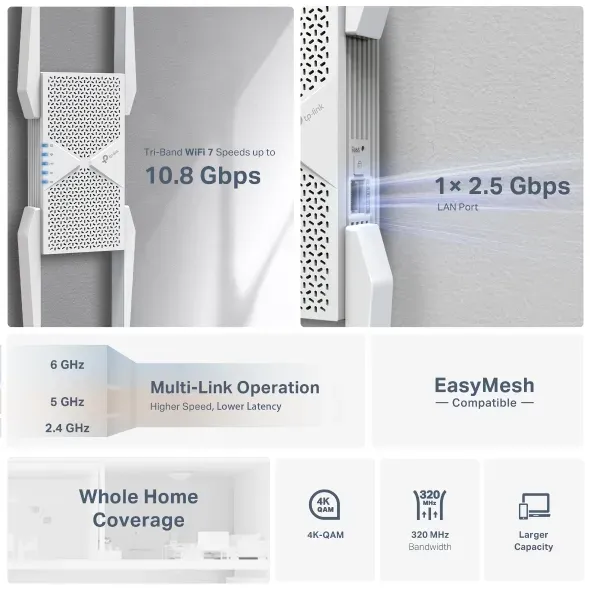 TP-Link RE655BE - Třípásmový extender dosahu Wi-Fi 7 BE9300