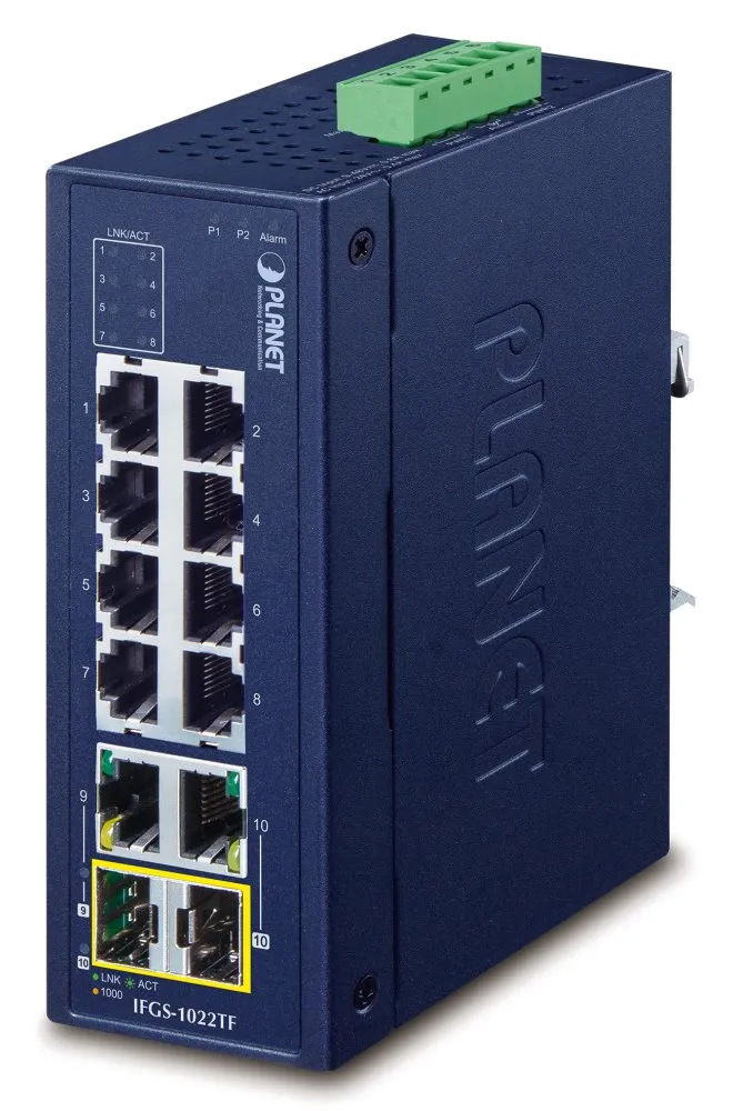 Planet IFGS-1022TF průmyslový switch, 8x100M + 2x1Gb/SFP, -40 až 75st.C, dual 9-48VDC, IP30, fanless