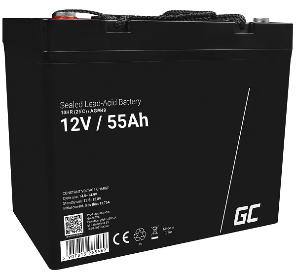 Green Cell AGM VRLA 12V 55Ah maintenance-free battery for mower, scooter, boat,