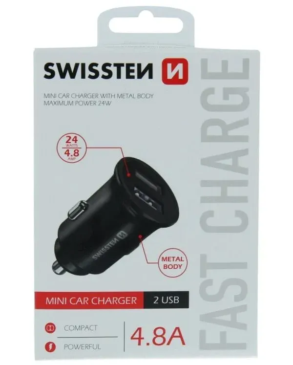Swissten cl adaptér 2x usb 4,8a metal černý (20115000)