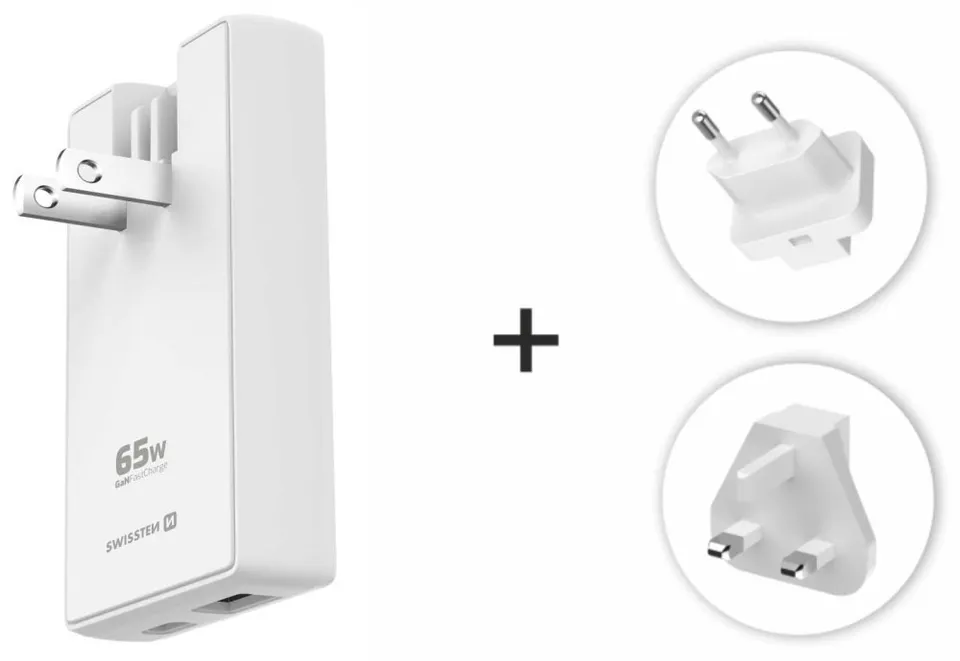 Swissten cestovní adaptér GaN USB-C + USB-A 65w výměnné vidlice (US, EU, UK) bílý