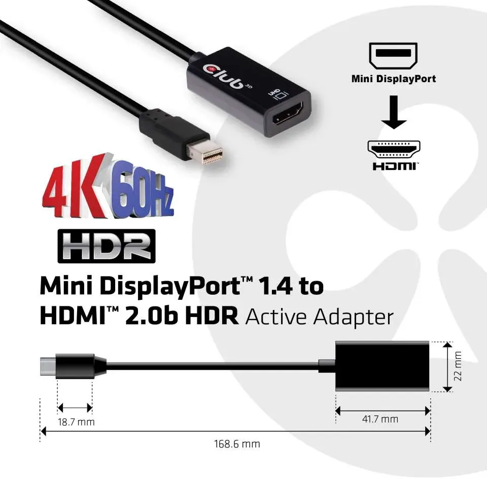 Club3D Adaptér aktivní mini DisplayPort 1.4 na HDMI 2.0b, HDR (M/F), 16cm