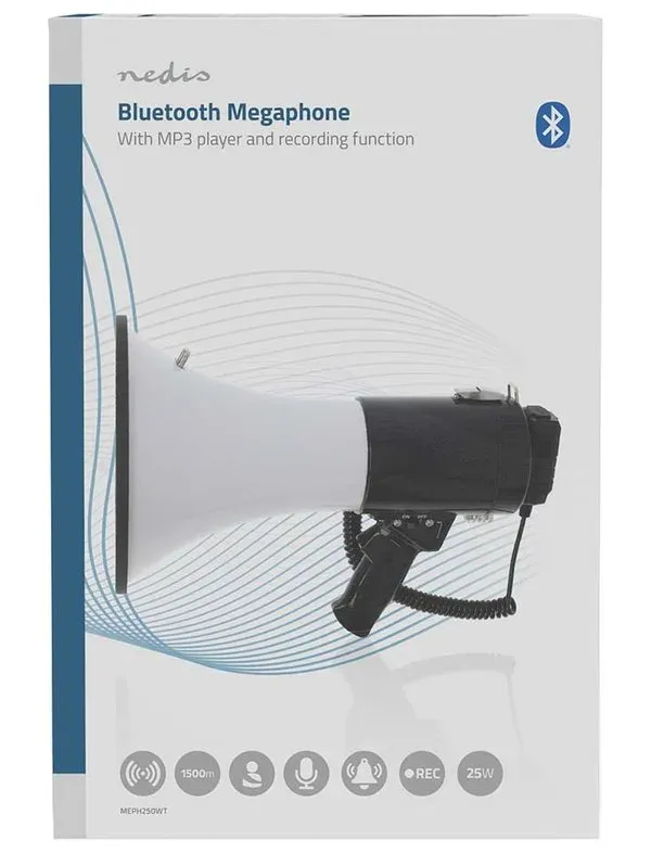 NEDIS megafon/ BT/ rozsah 1500m/ hlasitost 120dB/ odnímatelný mikrofon/ vestavěná siréna/ ramenní popruh/ čer...
