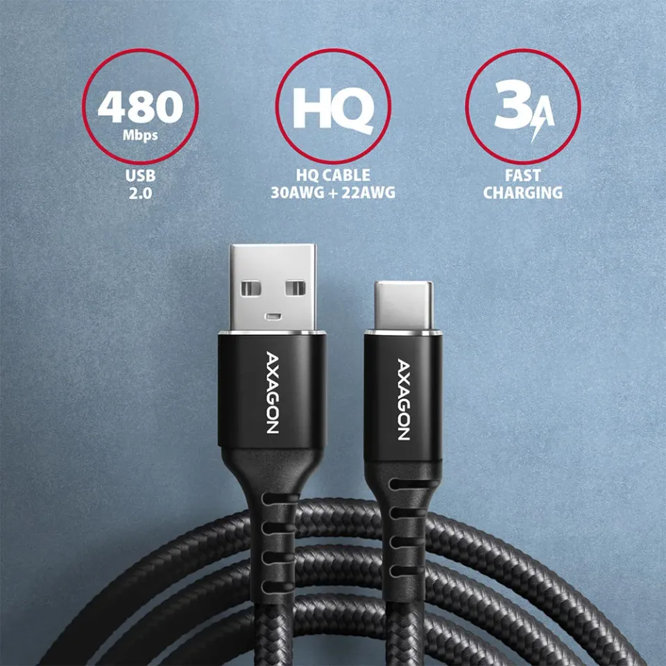 AXAGON BUCM-AM15AB, HQ kabel USB-C <-> USB-A, 1.5m, USB 2.0, 3A, ALU, oplet, čer