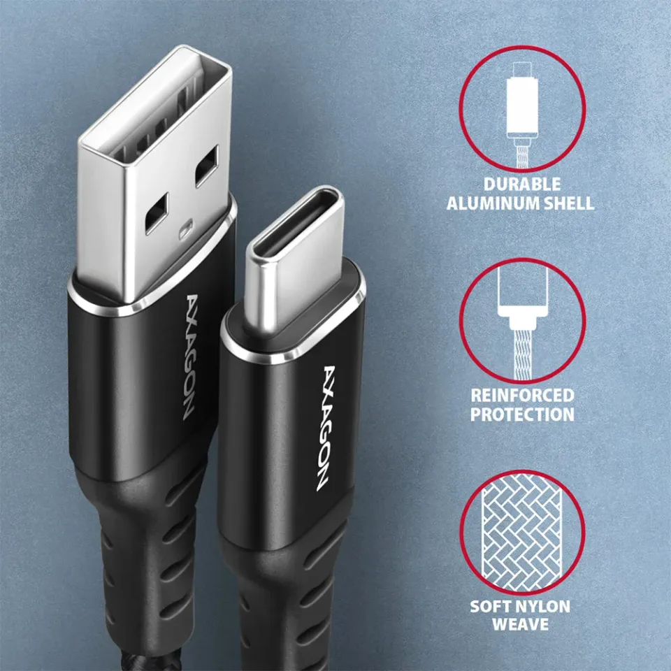 AXAGON BUCM-AM15AB, HQ kabel USB-C <-> USB-A, 1.5m, USB 2.0, 3A, ALU, oplet, čer