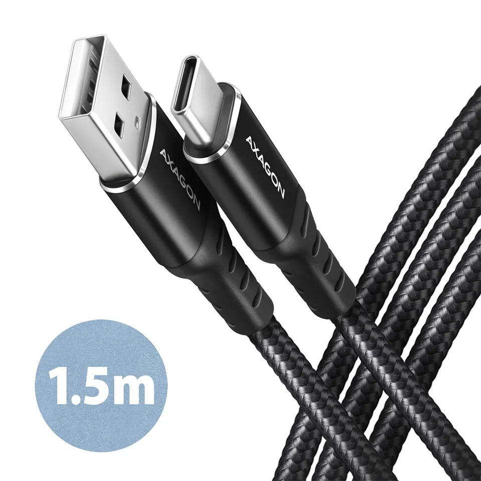 AXAGON BUCM-AM15AB, HQ kabel USB-C <-> USB-A, 1.5m, USB 2.0, 3A, ALU, oplet, čer