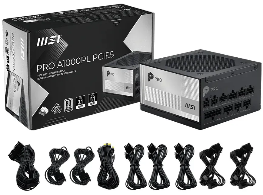 MSI zdroj PRO A1000PL PCIE5/ 1000W/ ATX3.1/ akt. PFC/ 7 let celk. záruka/ 120mm fan/ modulární kabeláž/ 80PLUS Platinum