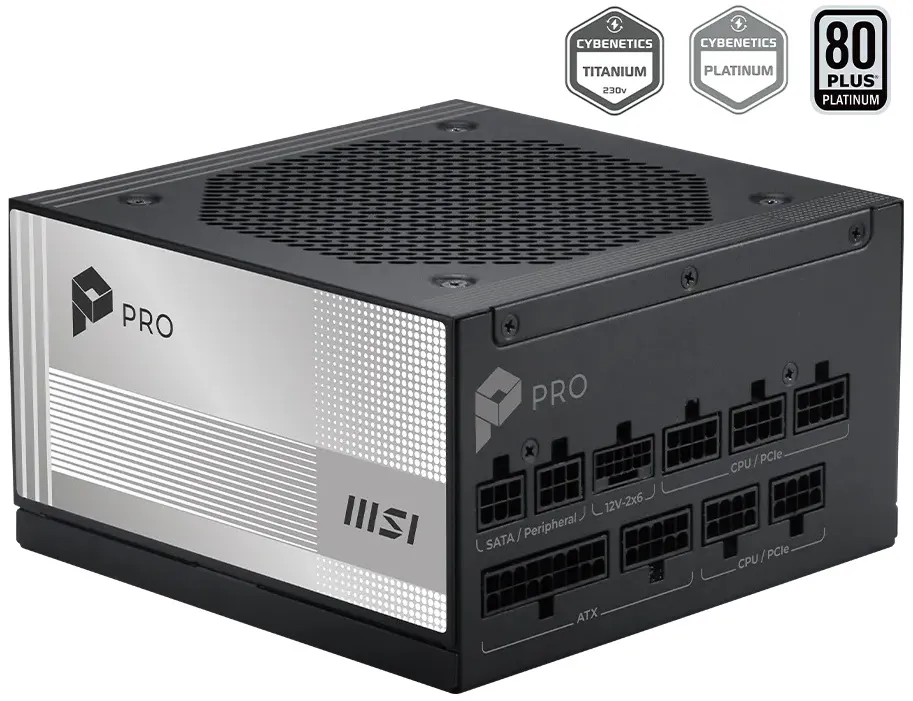 MSI zdroj PRO A1000PL PCIE5/ 1000W/ ATX3.1/ akt. PFC/ 7 let celk. záruka/ 120mm fan/ modulární kabeláž/ 80PLUS Platinum