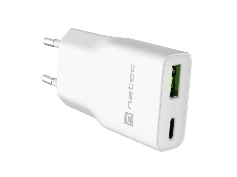 Univerzální USB nabíječka Natec RIBERA GaN SLIM, 20 W, 1X USB-A + 1X USB-C, Bílá