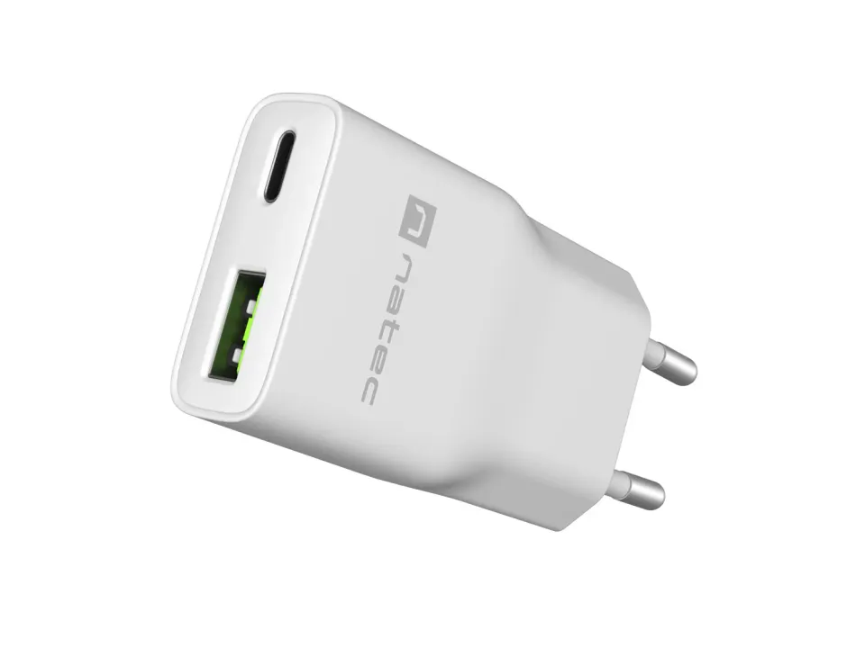 Univerzální USB nabíječka Natec RIBERA GaN SLIM, 20 W, 1X USB-A + 1X USB-C, Bílá