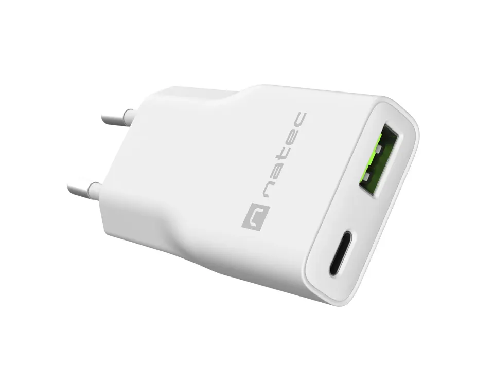 Univerzální USB nabíječka Natec RIBERA GaN SLIM, 20 W, 1X USB-A + 1X USB-C, Bílá