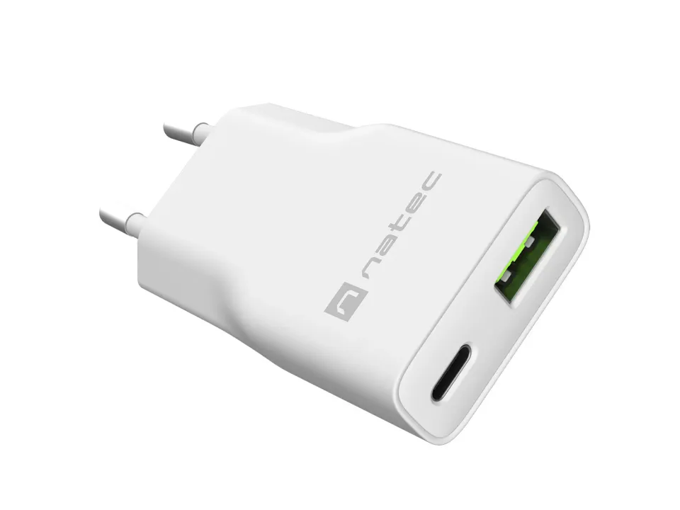 Univerzální USB nabíječka Natec RIBERA GaN SLIM, 20 W, 1X USB-A + 1X USB-C, Bílá