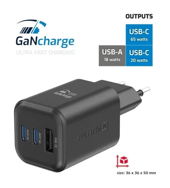 Swissten síťový adaptér gan 2x usb-c 65w pd + 1x usb-a 18w qc černý
