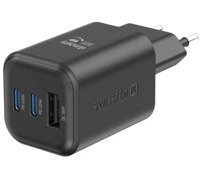 Swissten síťový adaptér gan 2x usb-c 65w pd + 1x usb-a 18w qc černý