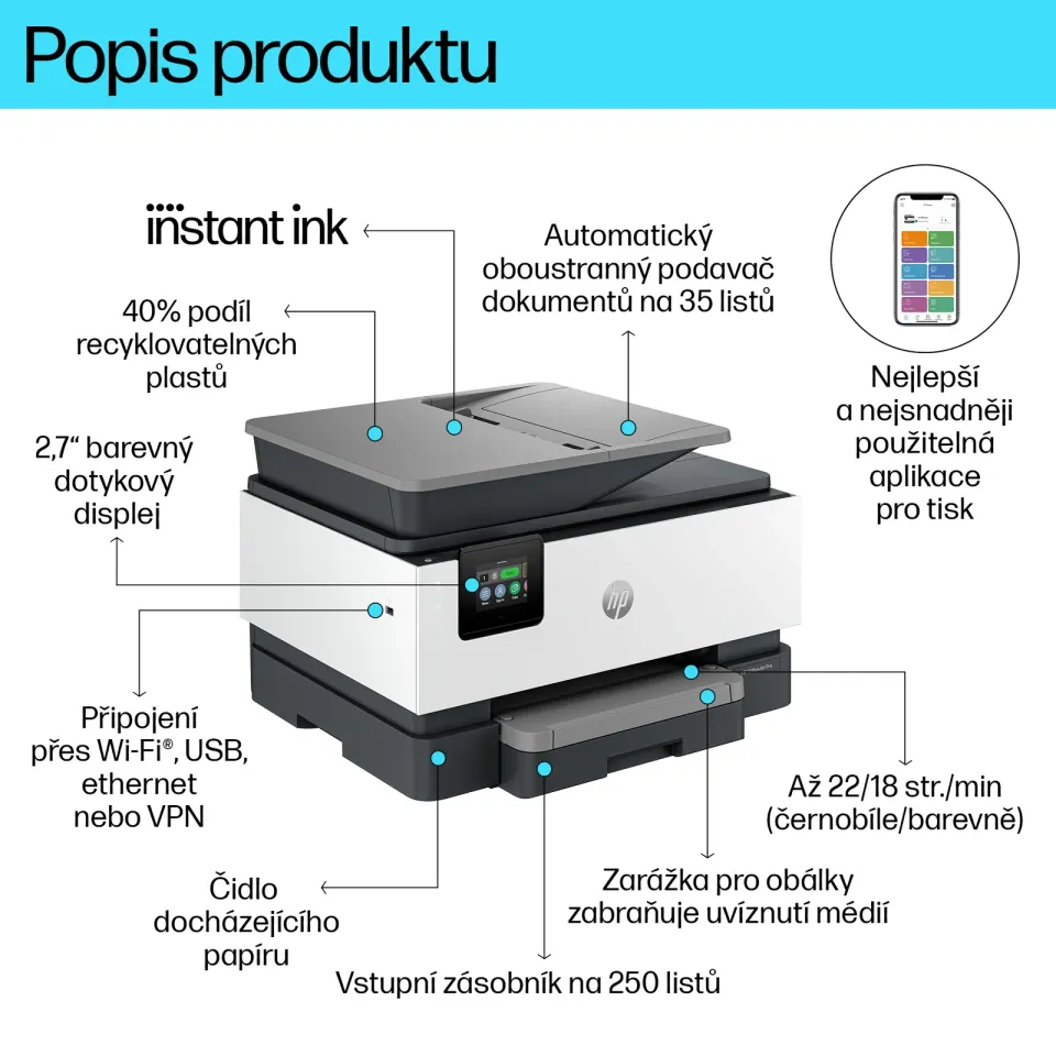 HP Officejet Pro 9120e (použitý) All-in-One MFP A4 USB+LAN RJ45+WIFI duplex RADF (22/18 stran/min, multifunkce tiskárna/kopírka copy/scanner/fax)