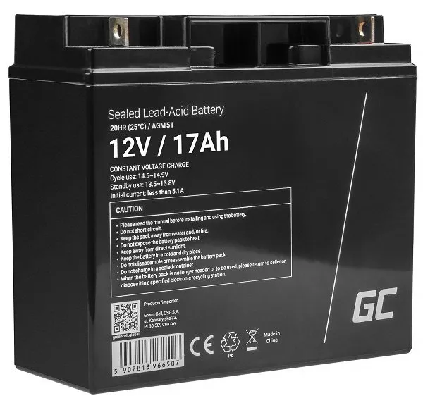 Green Cell AGM VRLA 12V 17Ah maintenance-free battery for mower, scooter, boat,