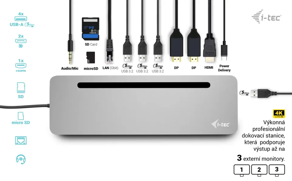 I-tec USB-C Metal Ergonomic 3x 4K Display Docking Station + Power Delivery 100 W