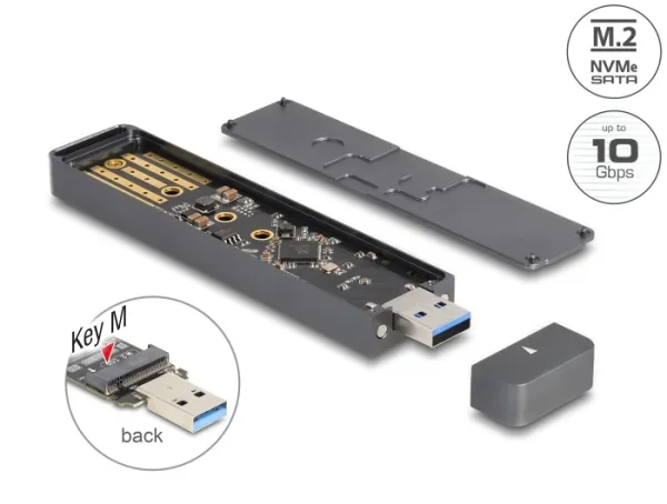 Delock Externí pouzdro na SSD M.2 NVME PCIe nebo SSD SATA se zástrčkovým konekto