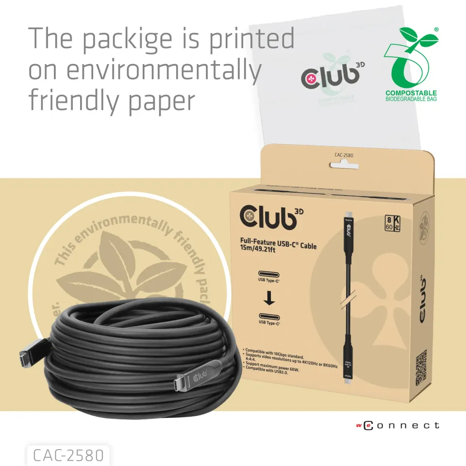 Club3D Kabel USB-C, 10 Gbps, 4K120Hz, 8K60Hz, 60W, Bi-directional, 15m, černá