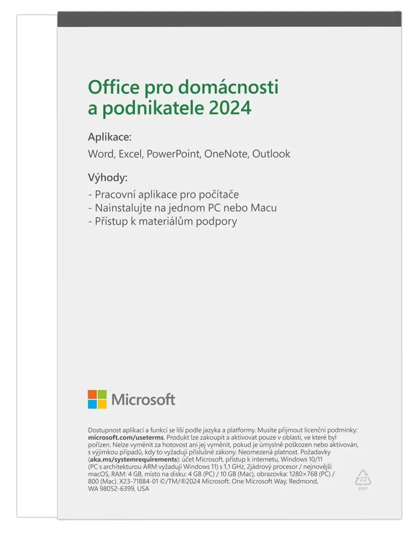 Microsoft OFFICE 2024 pro domácnosti a podnikatele CZ (česká krabicová verze, pro WINdows, Home and Business 2024 CZ Czech EuroZone Medialess)