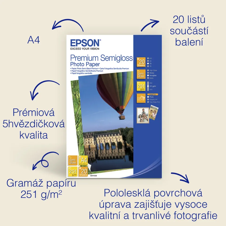 EPSON paper A4 - 251g/m2 - 20sheets - photo premium semigloss