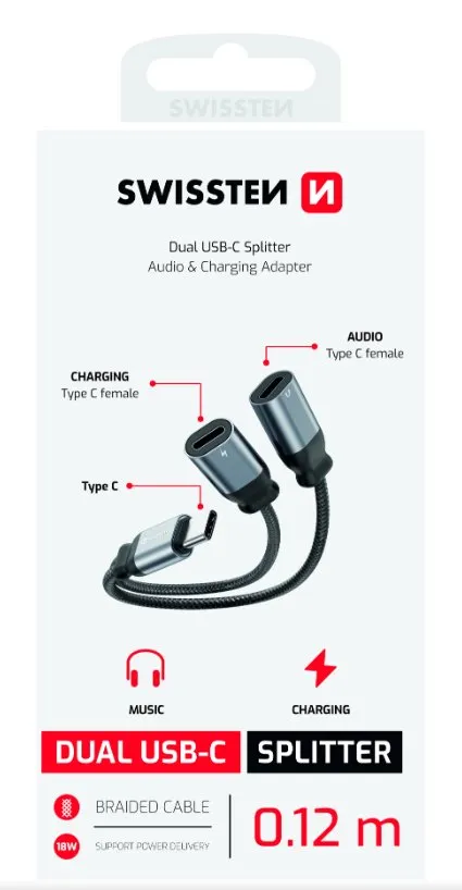 SWISSTEN NABÍJECÍ AUDIO ADAPTÉR TEXTILE USB-C (samec) / 2x USB-C (samice) 0,12 M