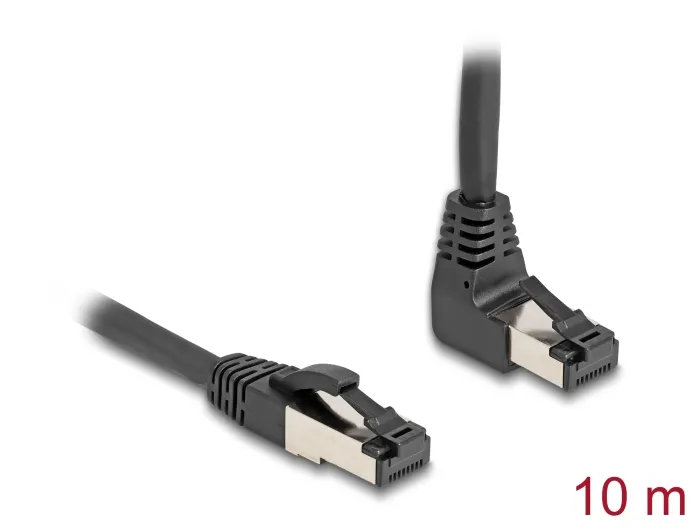 Delock Síťový kabel RJ45 Cat.8.1 S/FTP, zalomený nahoru o 90° / přímý, 10 m, čer
